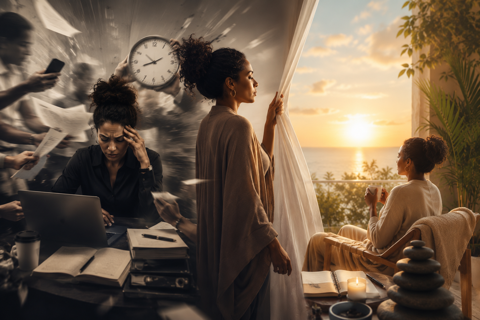 A split scene: a woman overwhelmed at a busy desk beside the same woman finally at rest at sunset with a warm drink