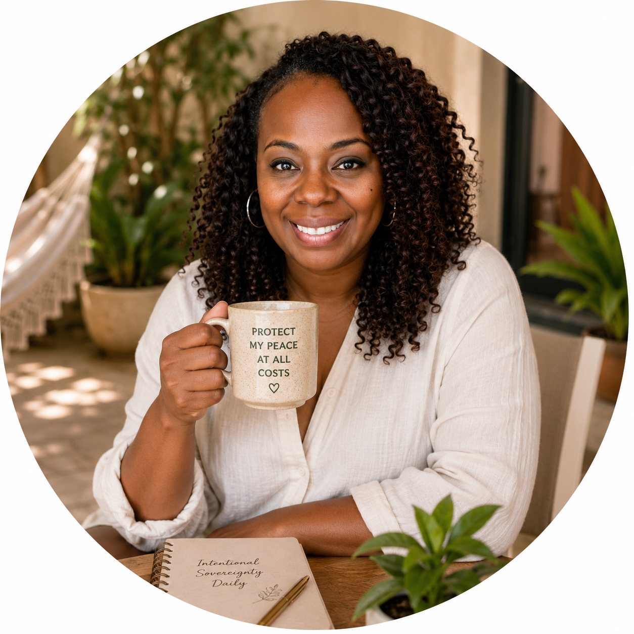 Tonya D. Robinson resting with a Protect My Peace at All Costs mug — founder of Life After Overfunctioning