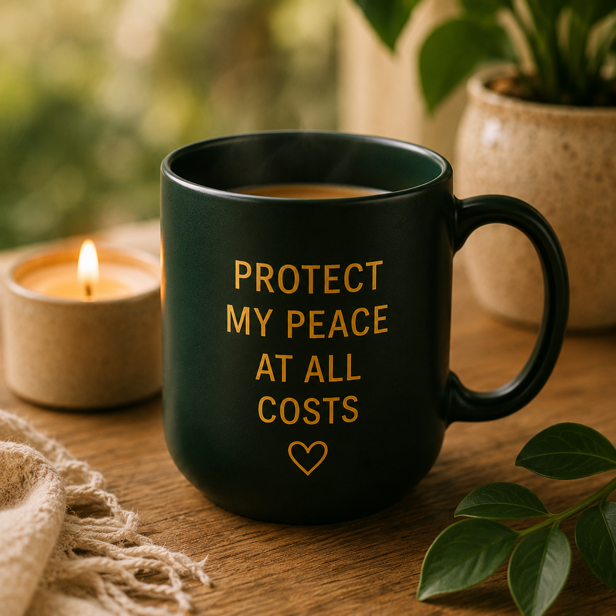 Protect My Peace At All Costs mug beside a candle and a plant